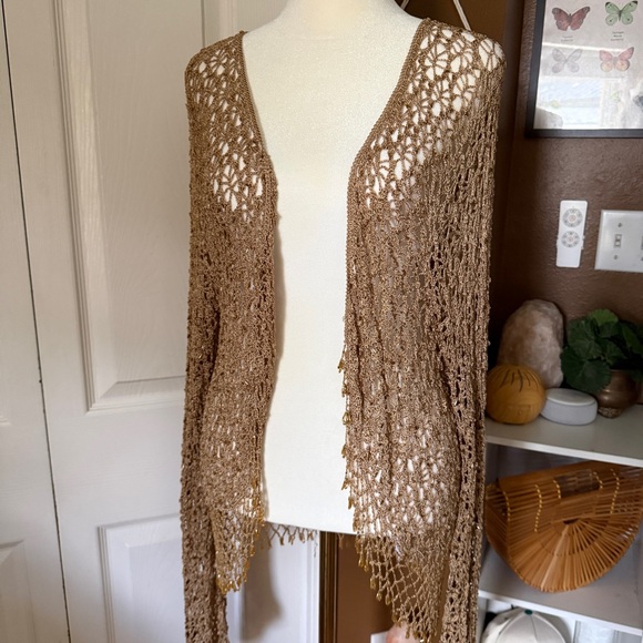 NY Collection Gold Crochet Fringe Beaded Open Cardigan / Size 2x - Picture 4 of 12